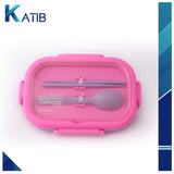 Pink Four-Lock Lunch Box With Spoon & Chopsticks [PD][1Pc]