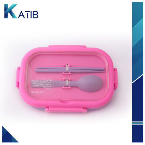 Pink Four-Lock Lunch Box With Spoon & Chopsticks [PD][1Pc]