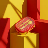 Red Four-Lock Lunch Box With Spoon & Chopsticks [PD][1Pc]