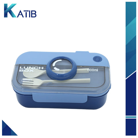 Lunch Box Microwavable with Fork Spoon 2 Compartments Blue [1Set][PD]